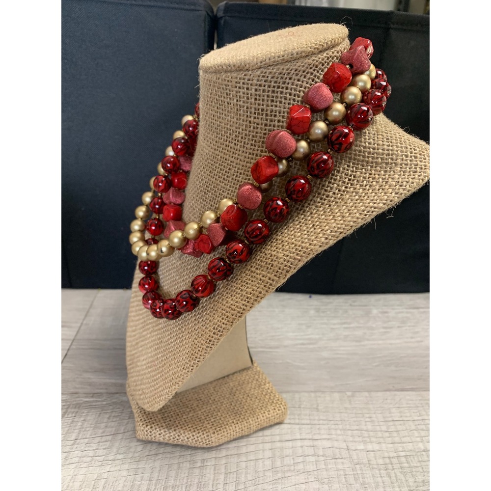 Jessica Simpson Red Gold Leopard‎ Print Beaded Multi Strand Statement Necklace - Picture 2 of 7
